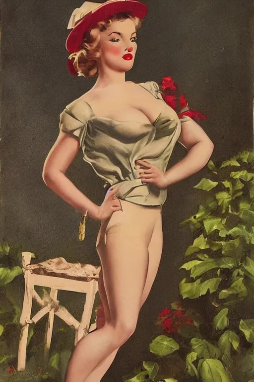 Image similar to a portrait one full body pin up post war dressing a military unioform,garden backgound Gil Elvgren style,center composition,anatomic correct