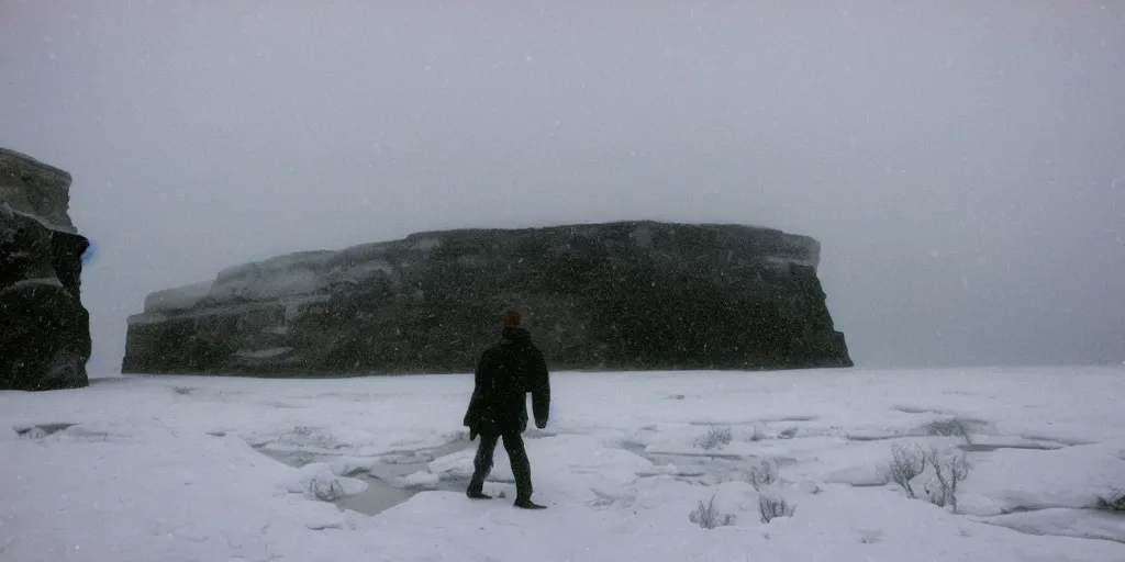 Image similar to photo of green river, wyoming cliffs covered in ice and snow, during a snowstorm. a old man in a trench coat and a cane appears as a hazy silhouette in the distance, looking back over his shoulder. cold color temperature. blue hour morning light, snow storm. hazy atmosphere. humidity haze. kodak ektachrome, greenish expired film, award winning, low contrast.