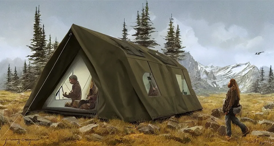 Image similar to cabela's beautiful comfortable carbon framed, military grade, modular insulated wall portable container home kit - house all weather family dwelling tent house, person in foreground, mountainous forested wilderness open fields, beautiful views, painterly concept art, environmental concept art, concept art illustration, by james gurney, by craig mullins, by greg rutkowski trending on artstation