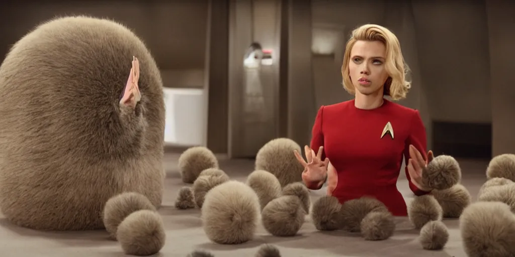 Prompt: Scarlett Johansson and Tribbles in a scene from Star Trek