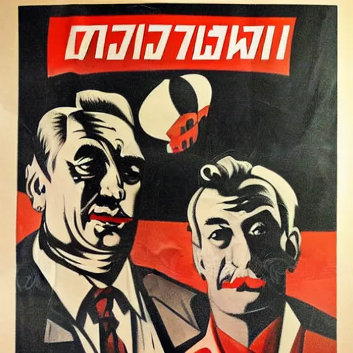Image similar to viktor orban sitting in the lap of stalin, soviet propaganda poster art from 1 9 5 0