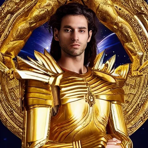 Image similar to A radiant, full body shot, photo of a 27-year-old Caucasian male wearing the Gemini Gold Armor, Beautiful gold Saint, Jaw-Dropping Beauty, gracious, aesthetically pleasing, dramatic eyes, intense stare, immense cosmic aura, from Knights of the Zodiac Saint Seiya, inside the Old Temple of Athena Greece, exquisite, art-gem, dramatic representation, hyper-realistic, live action, atmospheric scene, cinematic, trending on ArtStation, Pinterest and Shutterstock, photoshopped, deep depth of field, intricate detail, finely detailed, small details, extra detail, ultra detailed, attention to detail, detailed picture, symmetrical, octane render, arnold render, unreal engine 5, high resolution, 3D model, CGI, PBR, DAZ, path tracing, volumetric lighting, golden hour, 8k, Photoshopped, Award Winning Photo, groundbreaking, Deep depth of field, f/22, 35mm, make all elements sharp, at golden hour, Light Academia aesthetic and Socialist realism, by Annie Leibovitz