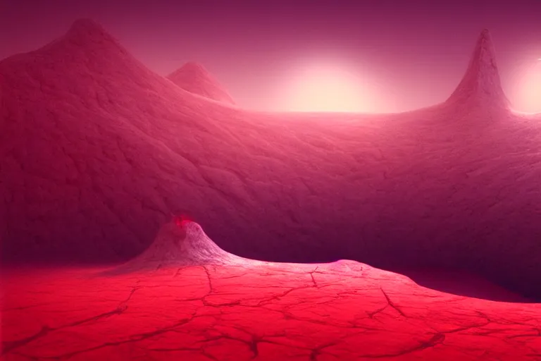 Image similar to a hd render of a surreal frozen landscape, cinematic lighting, by beeple and zdzisław beksinski, red color scheme