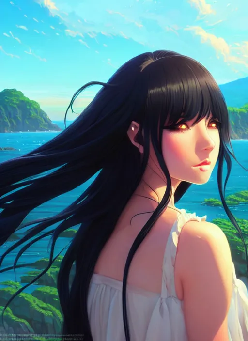 Image similar to a beautiful girl with long black hair in, island background, intricate, highly detailed, digital painting, artstation, official media, anime key visual, concept art, rich vivid colors, ambient lighting, sharp focus, illustration, art by Artgerm, Makoto Shinkai, Ilya Kuvshinov, Lois Van Baarle, and Rossdraws