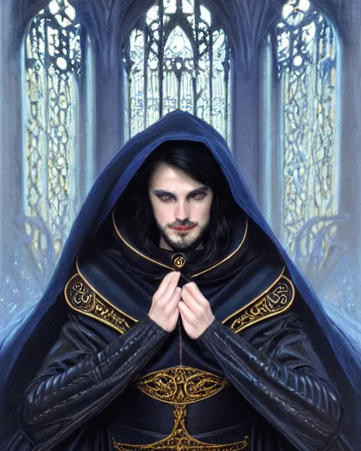 Image similar to handsome mage in front of a giant tellurion, long black hair blue eyes wearing leather mantle gothic navy cloak with gold details, castle town, fantasy character portrait, ultra realistic, intricate, elegant, highly detailed, digital painting, artstation, smooth, sharp, focus, illustration, art by artgerm and greg rutkowski and alphonse mucha