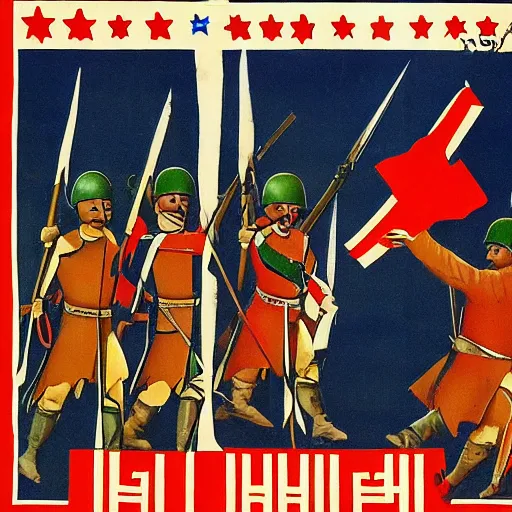 Prompt: USSR Poster of Medieval Army