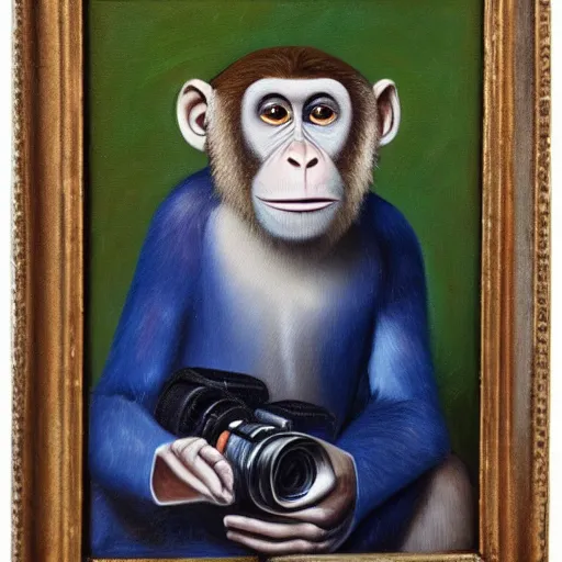 Prompt: portrait of a monkey holding a camera in his hand, oil painting