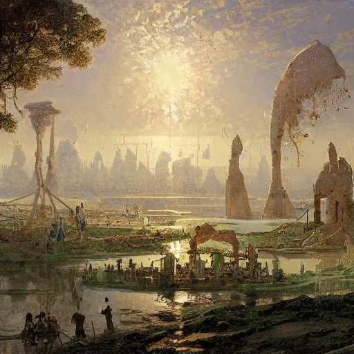 Image similar to detailed painting of a multiverse gateway in ancient mesopotamia in the middle of a sulphur lake, filigree ornaments, andreas achenbach, simon stalenhag