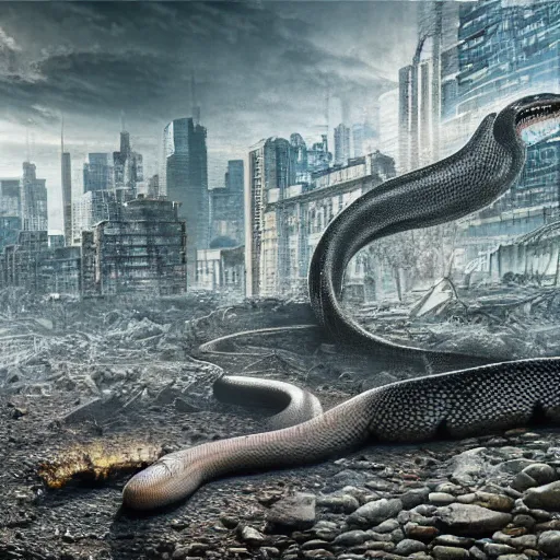 Prompt: A realistic detailed photo of a giant snake in the city, rocks coming out of the ground, fire, dead peoples, destroyed city, foggy landscape, light particles, detailed light, realistic shaders, trending on artisation, detailed textures, detailed, realistic.