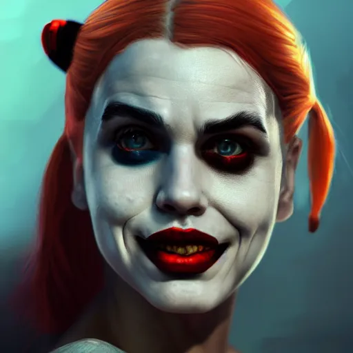 Image similar to hyperrealist portrait of harleyquinn, photo realistic, dynamic lighting, artstation, poster, volumetric lighting, very detailed faces, 4 k, award winning