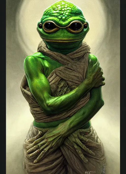 Prompt: 4 chan pepe, kek, ancient god, sad, portrait, intricate, elegant, highly detailed, digital painting, artstation, concept art, wallpaper, smooth, sharp focus, illustration, art by h. r. giger and artgerm and greg rutkowski and alphonse mucha