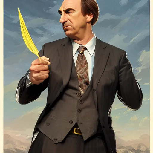 Image similar to saul goodman, fantasy character portrait, dynamic pose, above view, sunny day, very coherent asymmetrical artwork, sharp edges, perfect face, simple form, 100mm by Stanley Artgerm Lau, greg rutkowski, thomas kindkade, alphonse mucha, loish