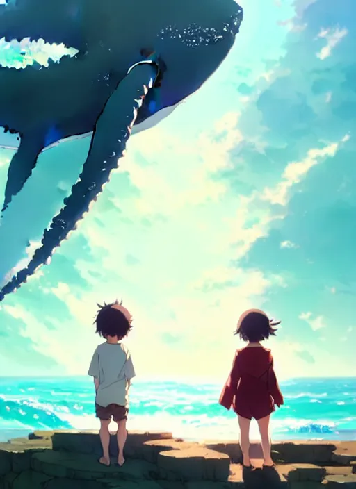 Image similar to boy and girl watching big whales on sky, illustration concept art anime key visual trending pixiv fanbox by wlop and greg rutkowski and makoto shinkai and studio ghibli