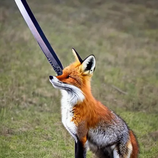 Image similar to a fox holding a sword in its mouth