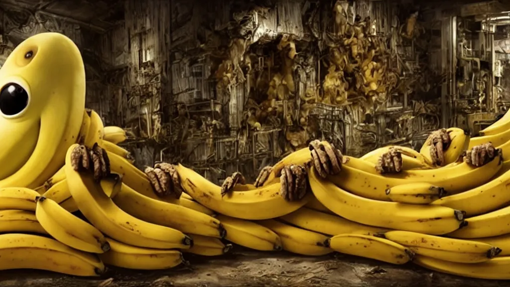 Image similar to a giant horrific monster made of bananas in the mess of the enterprise killing crew, film still from the movie directed by Denis Villeneuve with art direction by Salvador Dalí, wide lens