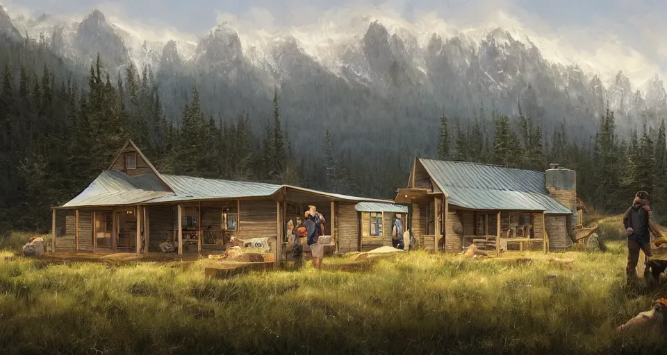 Image similar to cabela's beautiful comfortable modular pop - up insulated all terrain family dwelling, cabin,, person in foreground, mountainous forested wilderness open fields, beautiful views, painterly concept art, joanna gaines, environmental concept art, farmhouse, magnolia, concept art illustration, by james gurney, by craig mullins, by greg rutkowski trending on artstation