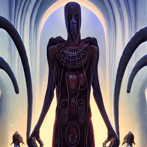 Image similar to portrait of tall, long-necked lipless mutant with scaled face and serpent eyes wearing gauze toga and standing in cyberpunk art deco mosque, alien bestiary by Barlowe, Greg Rutkowski, and Yoshitaka Amano