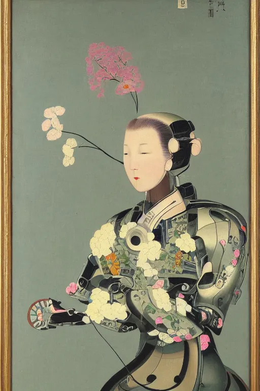 Prompt: a elegant japanese robot with fluo color detail, and muted arm colors, on top of dutch master painting of flowers