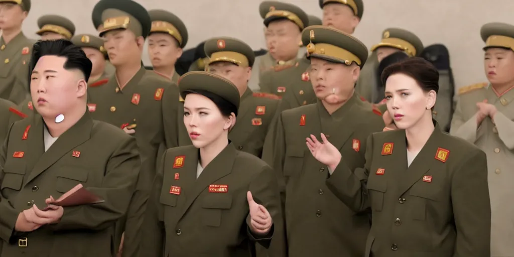 Prompt: Scarlett Johansson as Kim Jong-un in 'Kim' (2022), movie still frame, oscar nominated cinematography, volumetric lighting, 8k resolution, beautiful composition