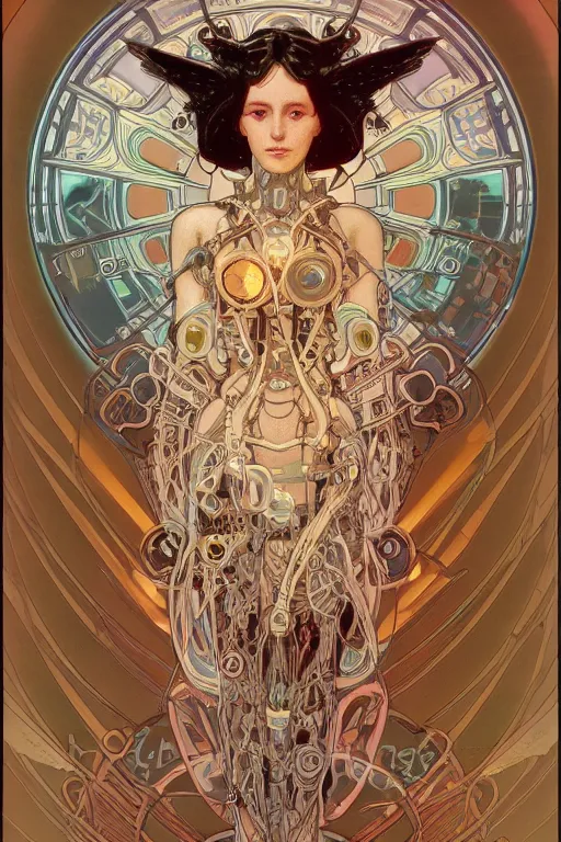 Prompt: portrait of a cyberpunk robotic female angel, half skull, bones and ligaments, circles of light, beautifully detailed lighting, smooth, elegant, award winning, artstation, by alphonse mucha, rene laloux