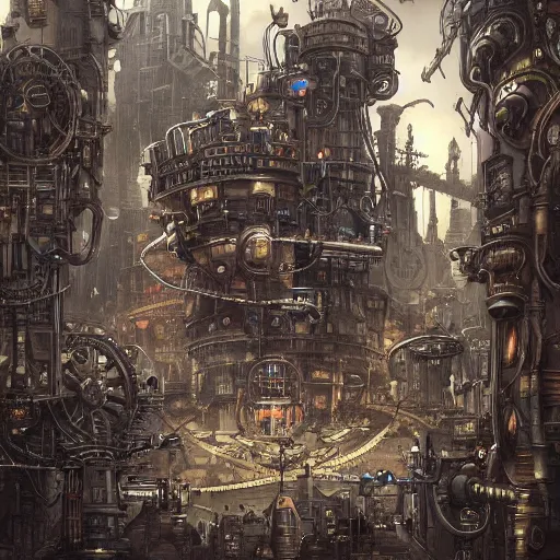 Image similar to robot city, steampunk art, fantasy style, super high detail, super high quality, talented artist, trending on artstation, machinarium