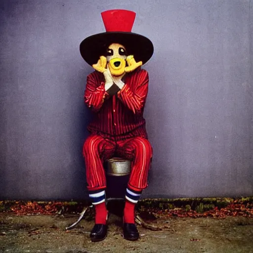 Prompt: “long shot portrait photo, full body shot, portrait photo of a crying clown by Annie Leibovitz, clown is wearing a funny hat and oversized shoes, kodakchrome”