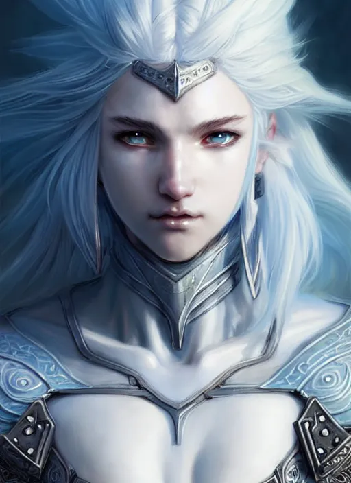 Image similar to warrior, light azure armor!!! long wild white hair!! covered chest!!! fantasy, d & d, intricate ornate details, digital painting, pretty face!!, symmetry, concept art, sharp focus, illustration, art by artgerm! greg rutkowski magali villeneuve wlop! ilya kuvshinov!!, octane render