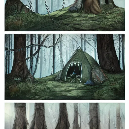 Prompt: a tent by the river in the deep, remote woods by martine johanna, from nightmare before christmas | detailed | elegant | trending on artstation