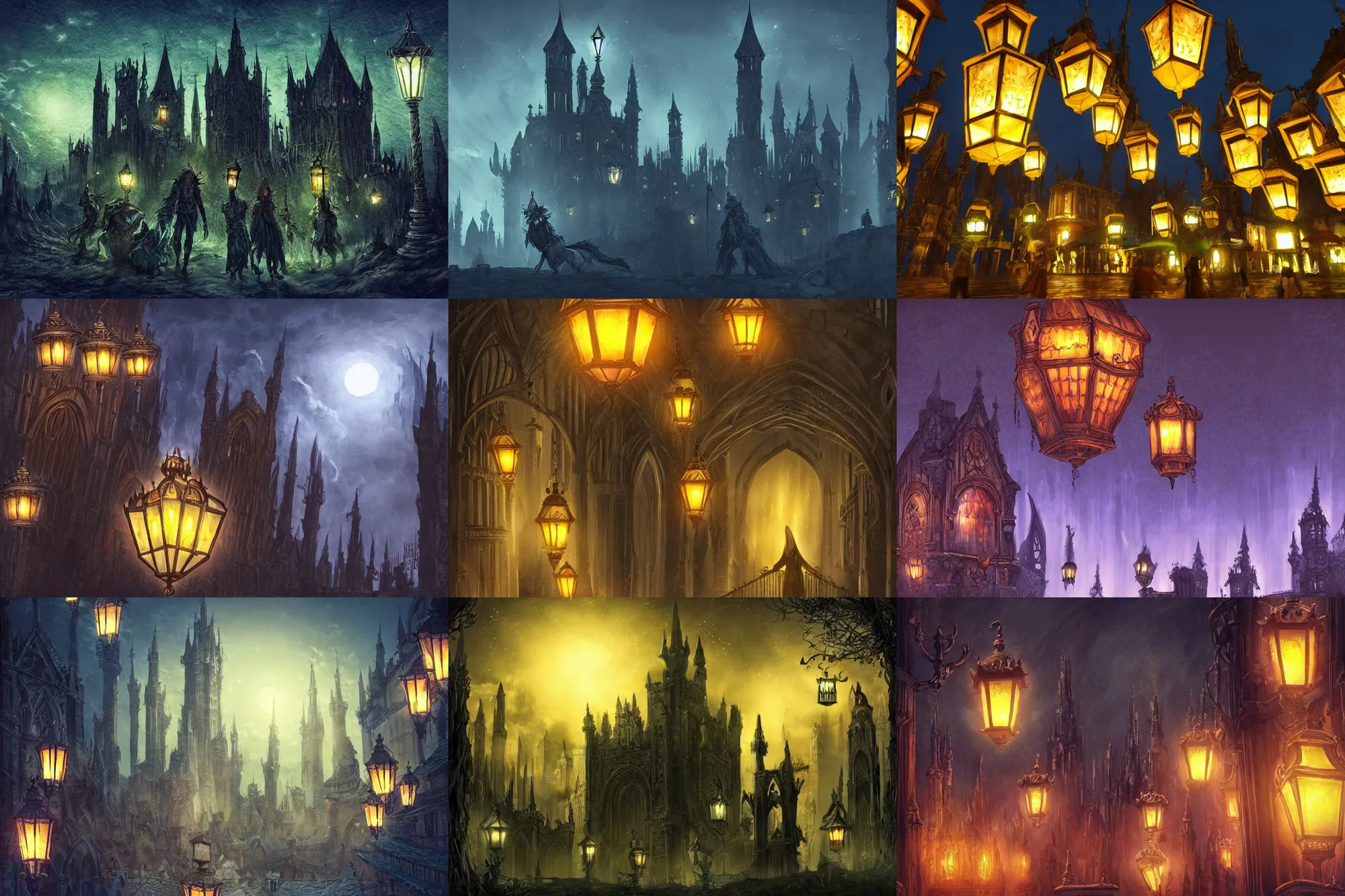 Prompt: style : high fantasy. composition : long shot, waist level ; low angle. key words : digital art ; detailed ; 4 k. scenery : a gothic city. subject : none. details : at night ; lanterns.