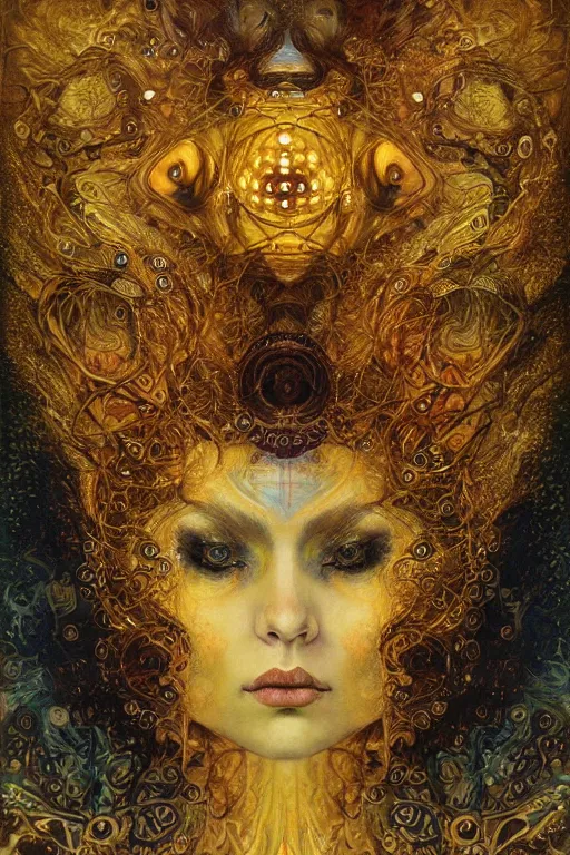 Prompt: Divine Chaos Engine by Karol Bak, Jean Deville, Gustav Klimt, and Vincent Van Gogh, beautiful visionary mystical portrait, sacred, otherworldly, fractal structures, surreal, ornate gilded medieval icon, third eye, spirals