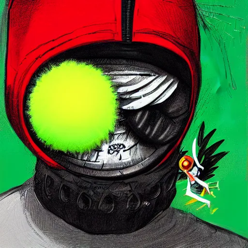 Image similar to a tennis ball monster with angel halo and wings, balaclava, tennis ball, urban, hip hop, rap, colorful, digital art, fantasy, magic, trending on artstation, ultra detailed, professional illustration by Basil Gogos