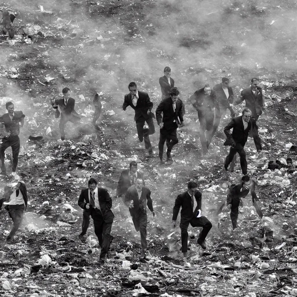 Prompt: Men in suits are running in a landfill covered by a oil spill, dusty, rotten, smoke is coming out of their heads and cables are holding them back in the style of Terence Malick