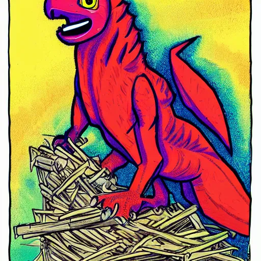 Prompt: raptor, griffin, comic, art, colorful, detailed fire, sitting in a nest