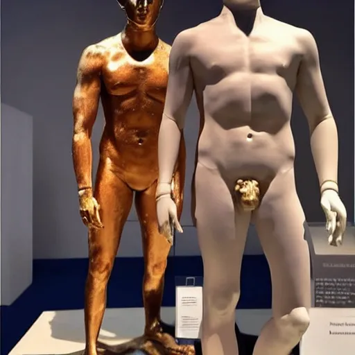 Image similar to “a realistic detailed photo of a guy who is an attractive humanoid who is half robot and half humanoid, who is a male android, British diver Jack Laugher & Chris Mears, shiny skin, posing like a statue, blank stare, at the museum, on display”