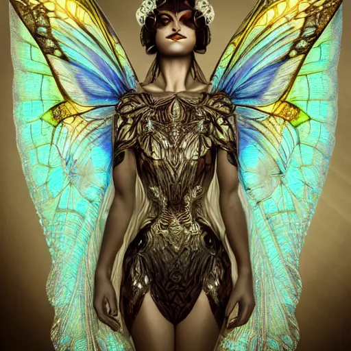 Prompt: realistic illustration of a beautiful art deco faerie queen with glowing eyes, moth wings with geometric patterns, reflective detailed textures, highly detailed dark fantasy science fiction painting, silver and cool colors, artstation