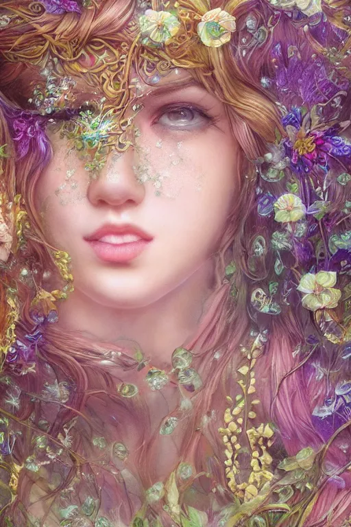 Image similar to elaborately detailed close up realistic portrait of an extremely beautiful girl with long dark hair surrounded by flowers, an eerie mist and ethereal rainbow bubbles, Aetherpunk, iridiscent geometry, high fantasy professionally painted digital art painting, fantasy matte painting movie poster, Art Nouveau, smooth, sharp focus, atmospheric lighting, highly detailed illustration highlights, backlight, golden ratio, 8K detail post-processing, symmetrical facial features, rich deep moody colors, majestic, dark epic fantasy, award winning picture, sense of awe, featured on DeviantArt, trending on cgsociety
