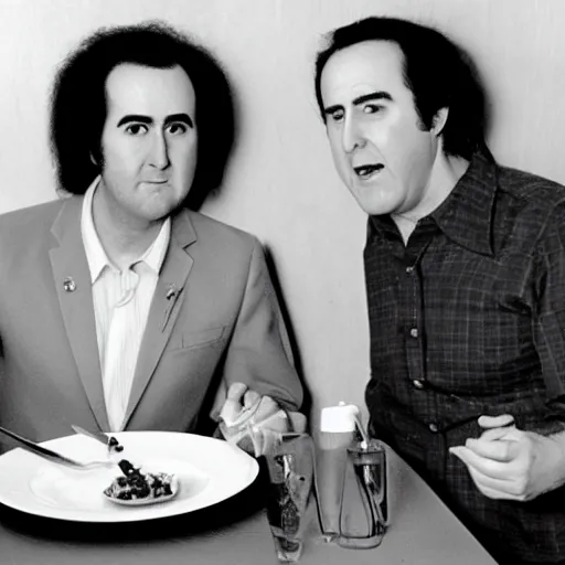 Image similar to Andy Kaufman and Charlie Kaufman having dinner together, photography,