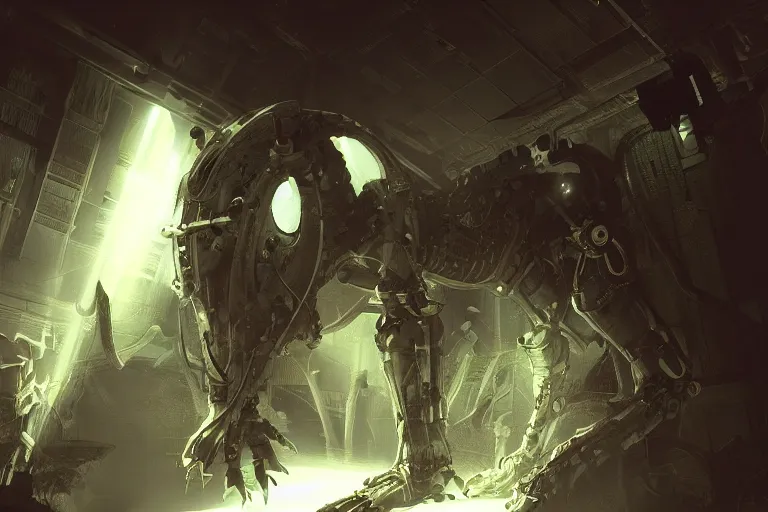 Image similar to robosaurus parallax datacenter server room interior single mono colossus white rusty robot sitting artstation cinematic detailed concept art volumetric light sharp coherent cgsociety symmetric perfect well balanced shadows lotr goddess