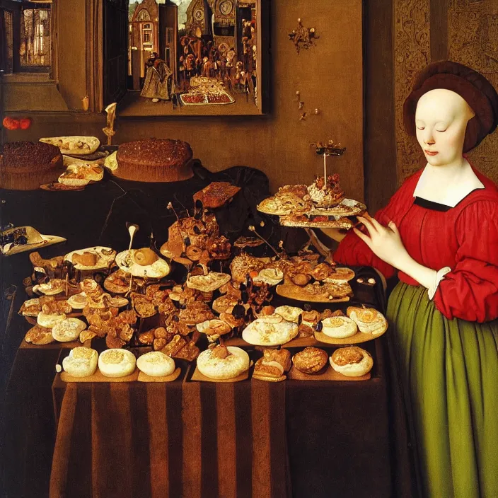 Image similar to a woman eating hundreds of cakes, by Jan van Eyck