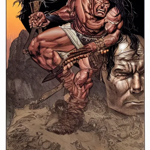 Prompt: precisely drawn illustration of Conan blended with Bruce Willis, wide angle, sharp, fine details, French comic style, vibrant realistic colors, full color, heroic fantasy, intense line art, 8k, precise linework, realistic, in the style of Heavy Metal Comics and Richard Corben and Moebius