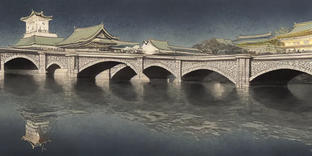 Prompt: Imperial Palace and Nijubashi Bridge, water, reflection, stone bridge, Artwork by Artgerm