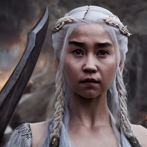 Image similar to justin sun as daenerys game of thrones, 4 k, epic, cinematic, focus, movie still, fantasy, serious, extreme detail, atmospheric, dark colour, sharp focus