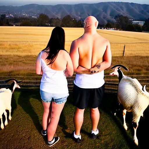 Image similar to portrait of a young chunky bald white male tattoos and his young white female brown hair wife with tattoos. male is wearing a white t - shirt, tan shorts, white long socks. female is has long brown hair and a lot of tattoos. photo taken from behind them overlooking the field with a goat pen. rolling hills in the background of california and a partly cloudy sky