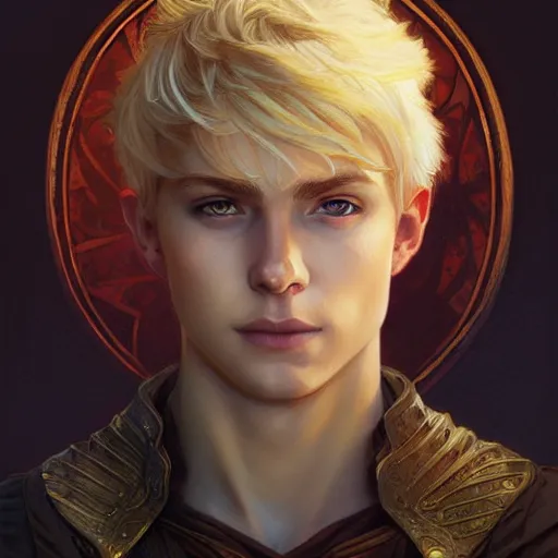 Image similar to an epic fantasy comic book style portrait painting of a young blonde boy thief, d & d, fantasy, joyful smirk, intricate, elegant, highly detailed, digital painting, artstation, concept art, matte, sharp focus, illustration, art by artgerm and greg rutkowski and alphonse mucha