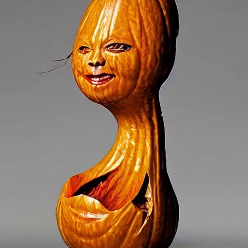 Prompt: gourd shaped carved to look like amber heard hybrid mix