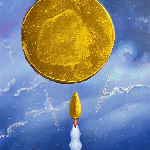 Prompt: a painting of a giant coin landing like a rocket on the surface of the moon