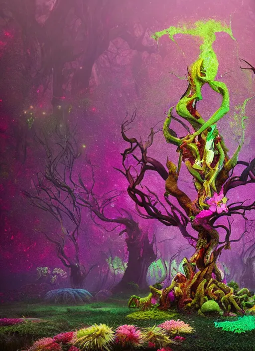 Image similar to a small psychedelic surreal horror giant made of multicolored psychotropic trees and flowers, magical creatures in the chaotic spirit forest, fulcolor octane reminder, cinematic, ultra - realistic