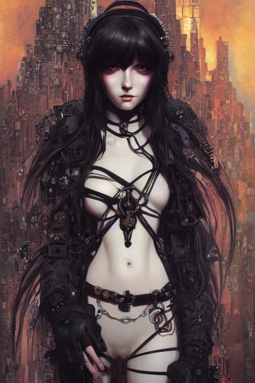 Image similar to portrait of beautiful young gothic maiden, cyberpunk, Warhammer, highly detailed, artstation, illustration, art by Gustav Klimt and Range Murata and Ilya Kuvshinov and RossDraws