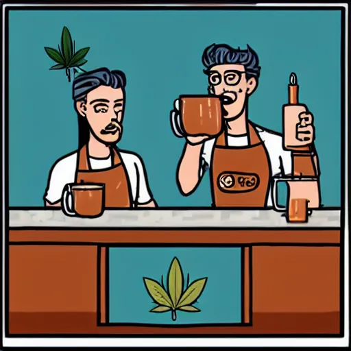 Prompt: cartoon fun drawing of australian cannabis baristas