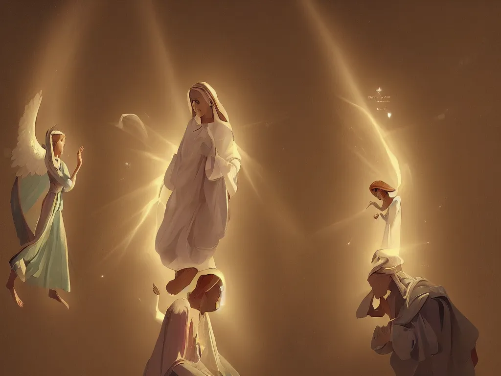 Image similar to the annunciation with mary on the left and archangel on the right, with a beam of light coming down from the top right towards mary on the left, by goro fujita, trending on artstation, 8k, highly detailed, digital graphic art